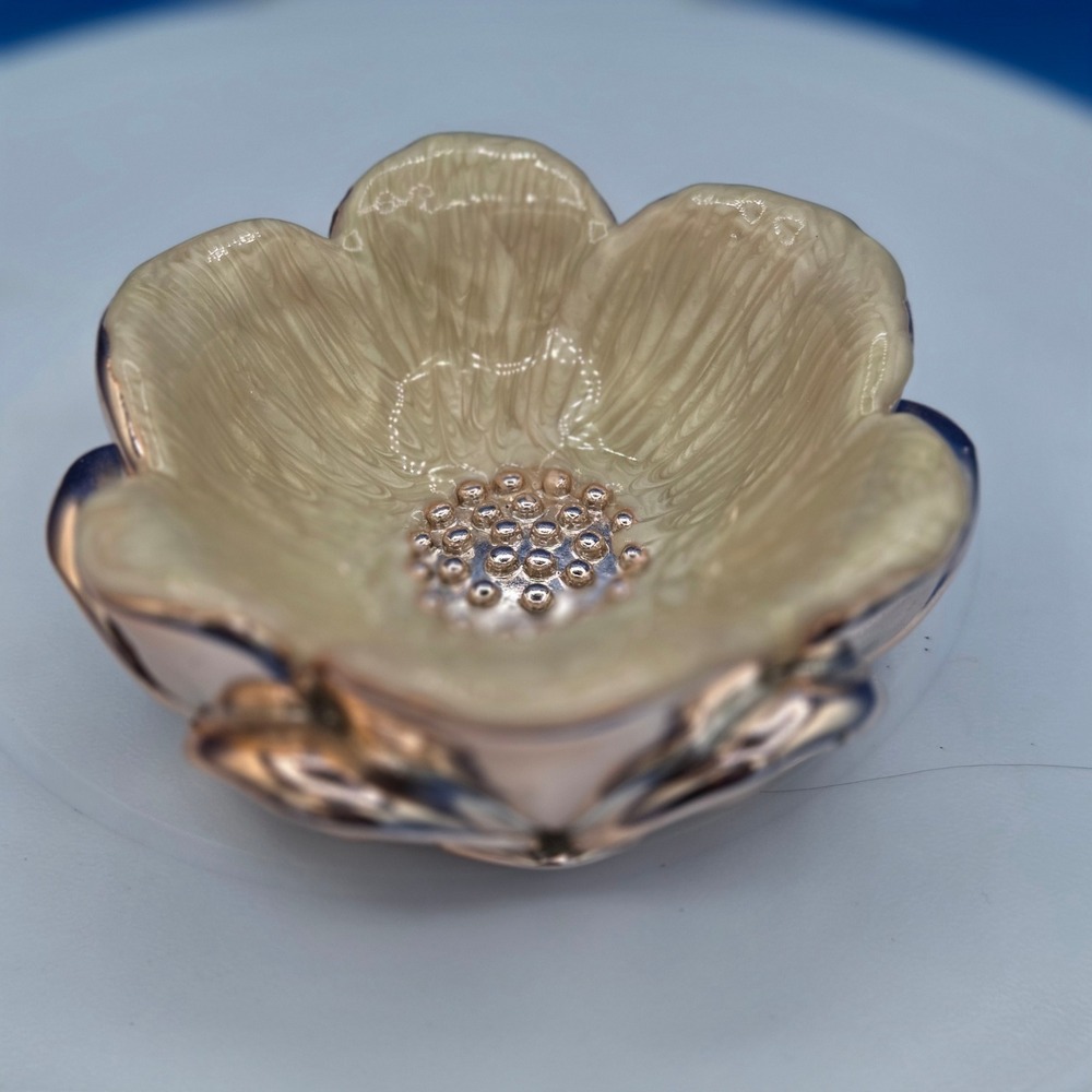 Cynthia Rowley Rose Gold Flower Trinket Dish Cream Enamel Jewelry Bowl Accent